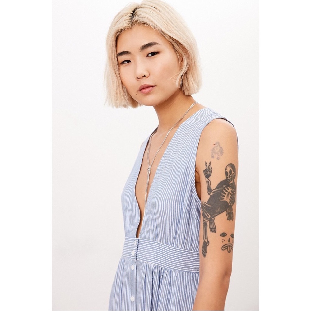Urban Outfitters KIMCHI BLUE Stella Stripe ButtonDown Plunge Midi Dress 10 Large